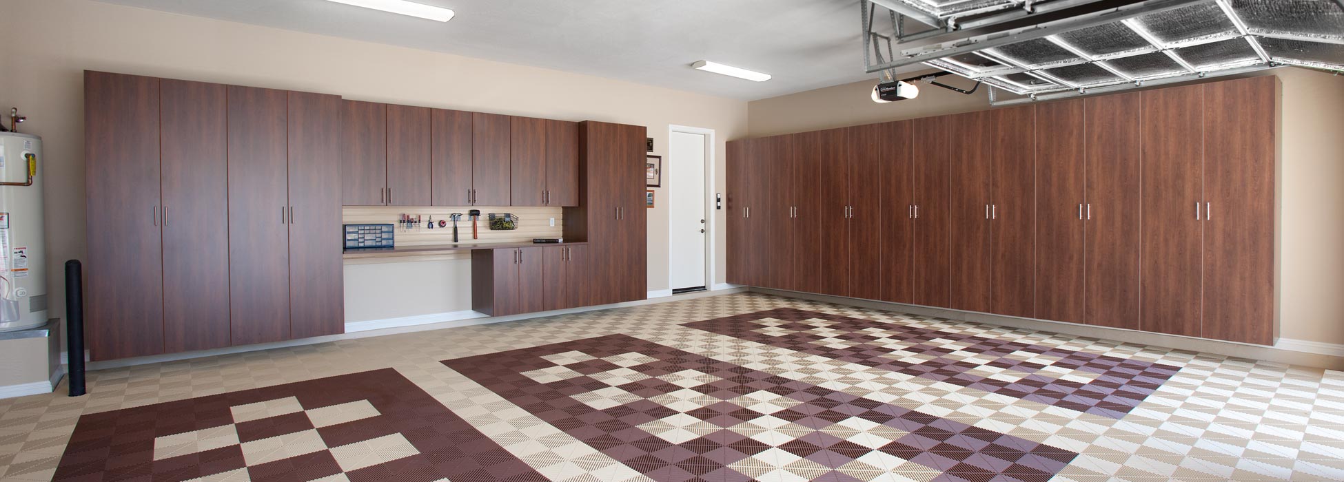 Garage Flooring - Tiles, Rolls, Epoxy, Cabinets & Storage