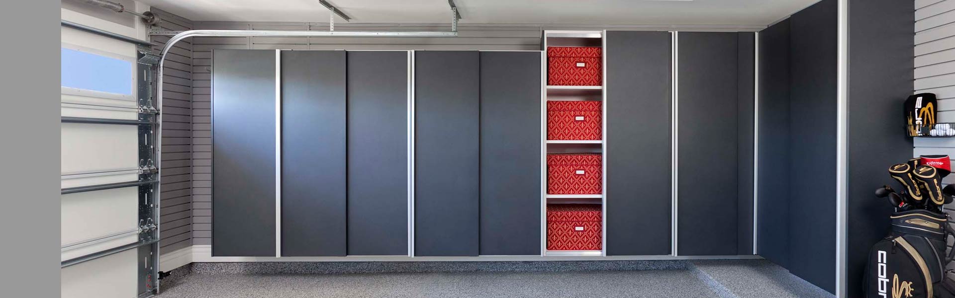 garage Garage storage system with sliding doors and slatwall