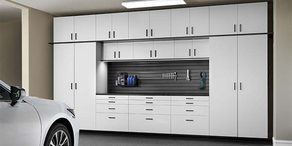 White Garage Cabinets with Black Accents